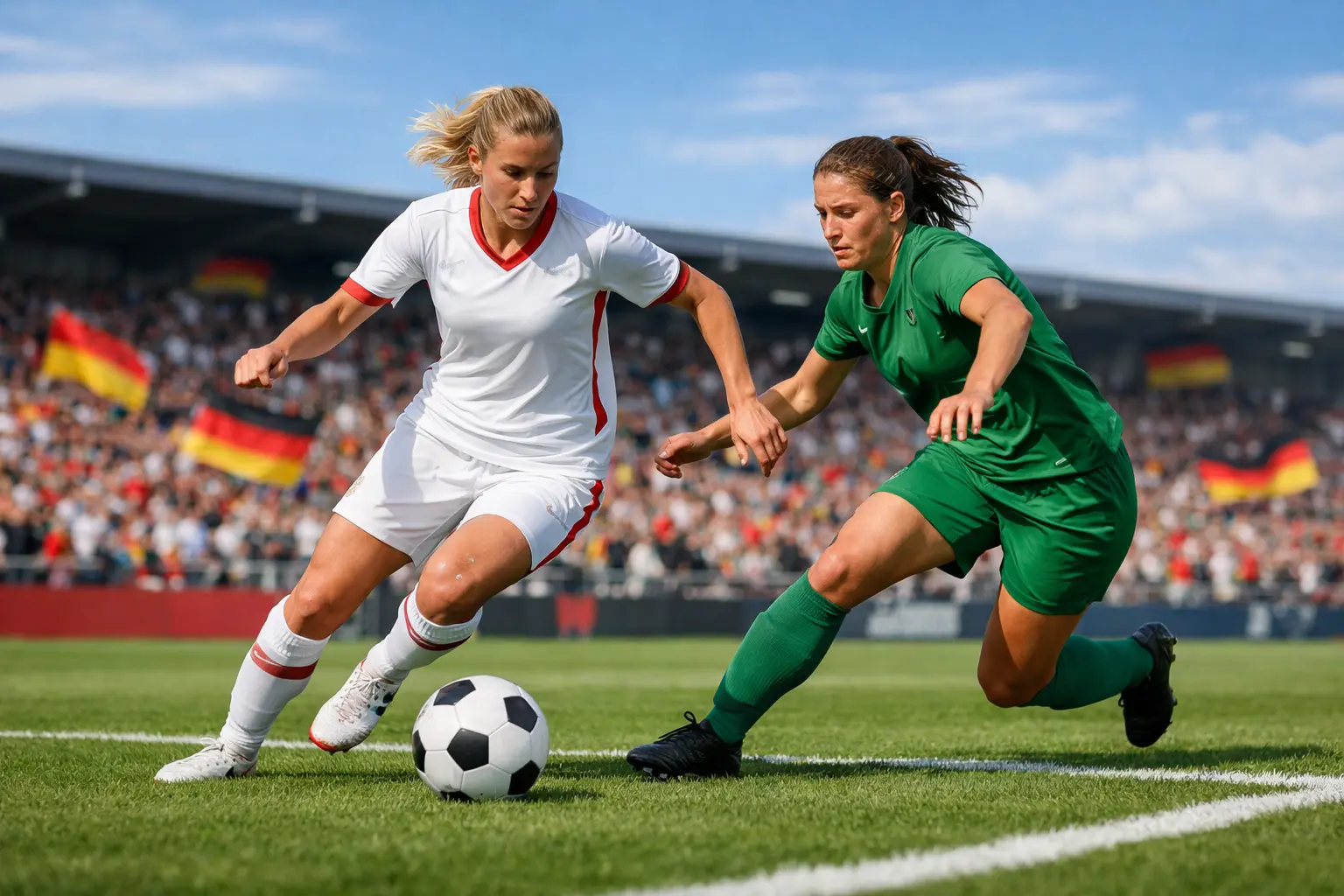 Frauen-Bundesliga Wetten: Spielszene aus der Google Pixel Frauen-Bundesliga mit Zuschauern im Hintergrund