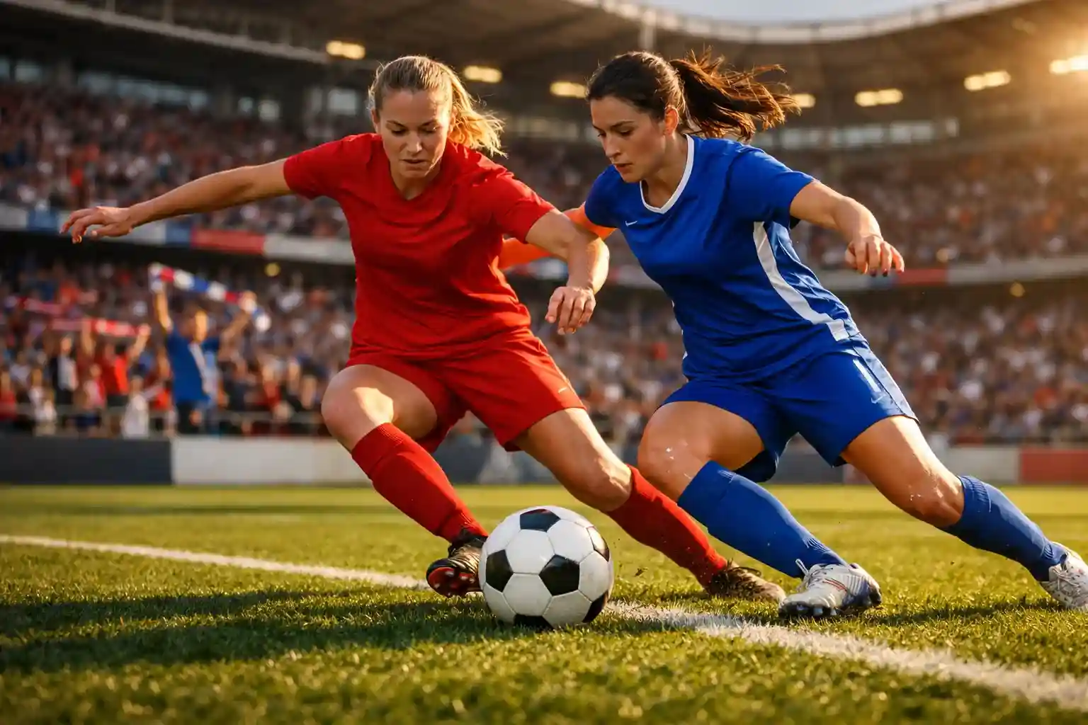 Frauenfußball Wetten Guide: Spielerinnen bei einem professionellen Frauenfußballspiel im voll besetzten Stadion