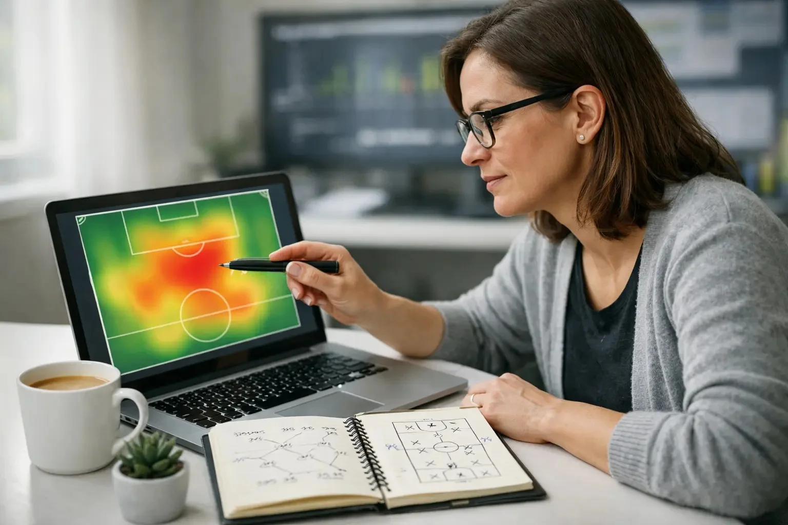 Frauenfußball Wettstrategien: Analytiker studiert Spielstatistiken und xG-Daten auf einem Notebook
