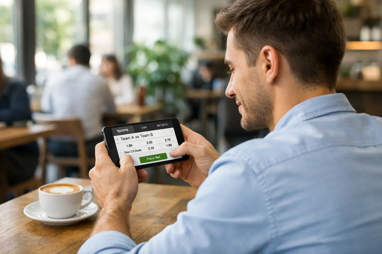 Frauenfußball Wetten für Einsteiger: Junge Person nutzt eine Sportwetten-App auf dem Smartphone